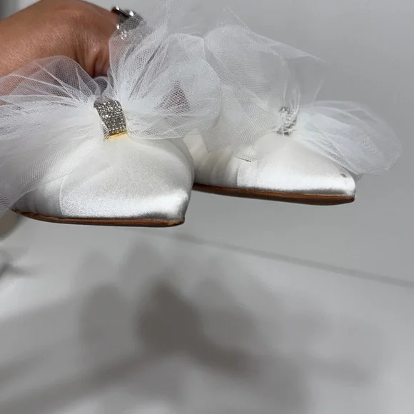 Badgley Mischka Fergie Tulle Pointed Toe Flats in Soft White Satin - Picture 4 of 17